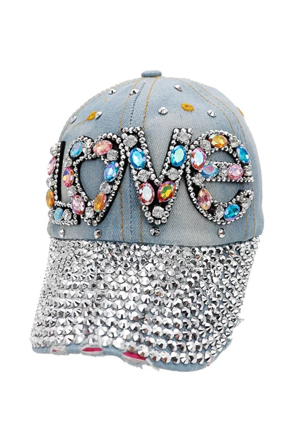 LOVE Rhinestone Denim Baseball Cap – Colorful Crystal Gems