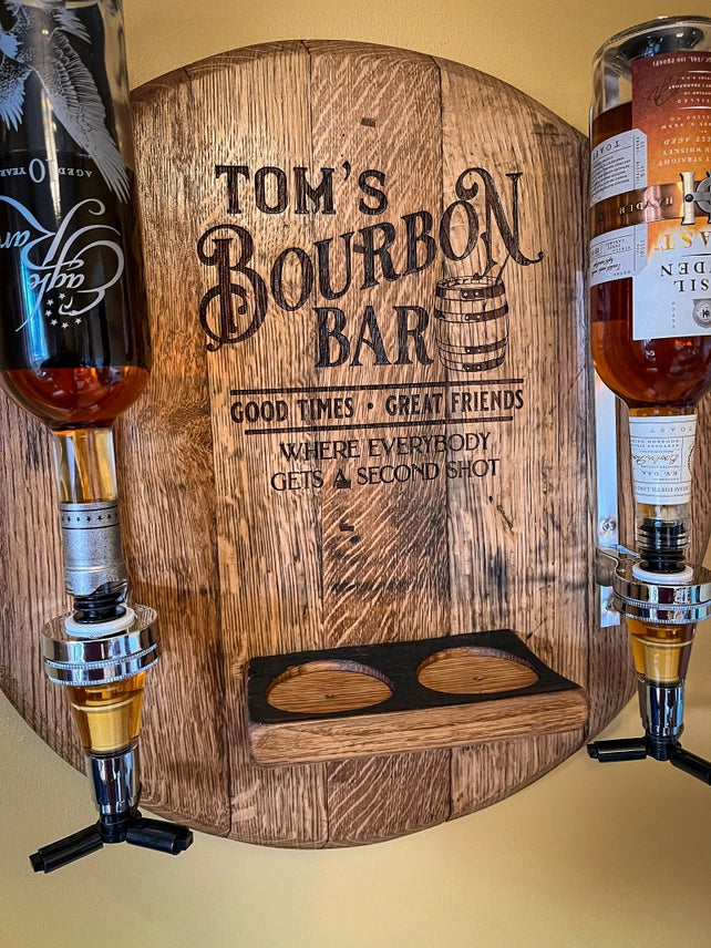 Personalized Bourbon Barrel Lid Liquor Dispenser | Custom Man Cave Bar Decor | Made in USA