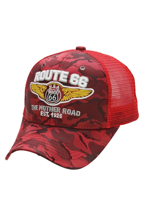 Route 66 Wing Logo Camo Trucker Hat – Mesh Snapback