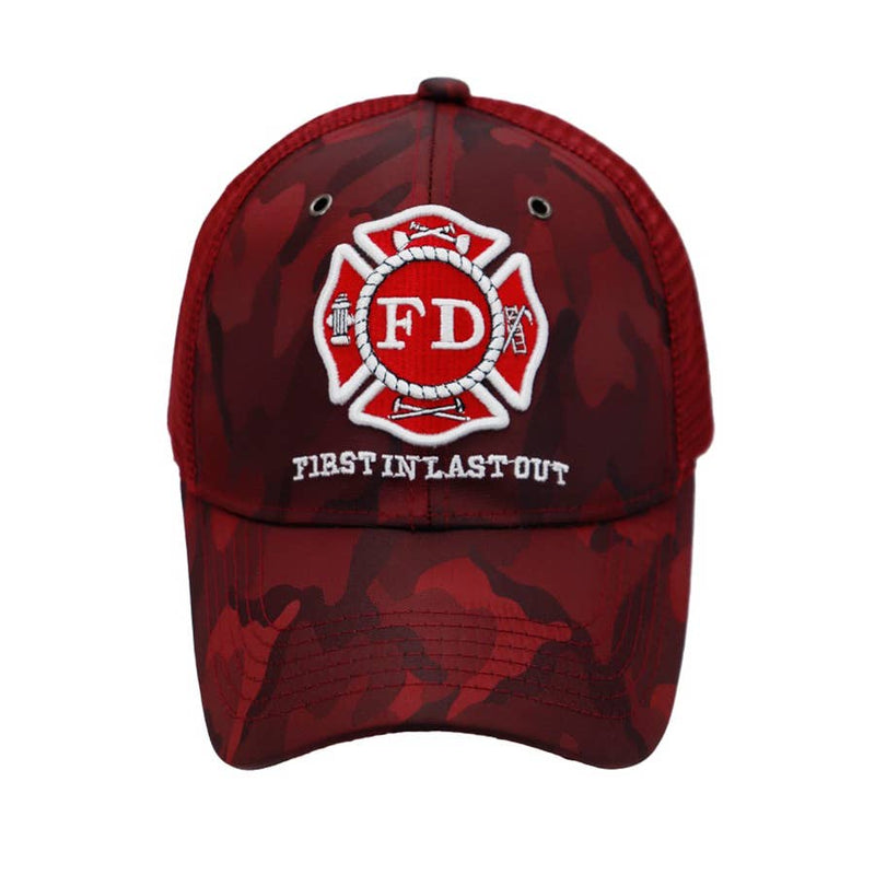 Fire Department Maltese Cross Burgundy Camo Trucker Hat - Embroidered Snapback