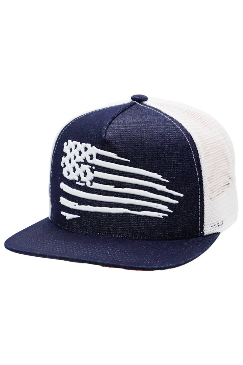 Distressed American Flag Flat Bill Trucker Hat – Snapback Mesh Cap
