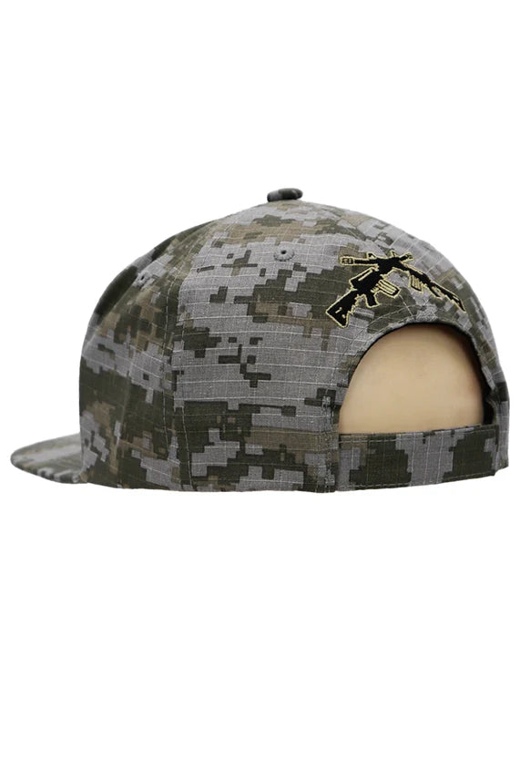 Crossed Rifle USA Flag Flat Brim Cap – Digital Camo Five Panel