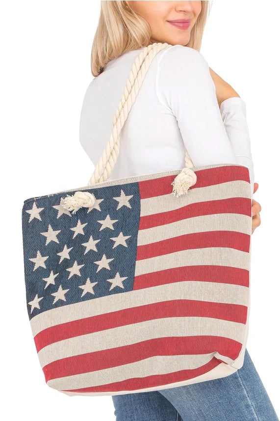 American Flag Canvas Tote Bag – Large Zippered Burlap Style