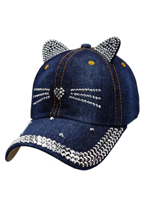 Kitty Cat Rhinestone Denim Baseball Cap – Ear & Whisker Design