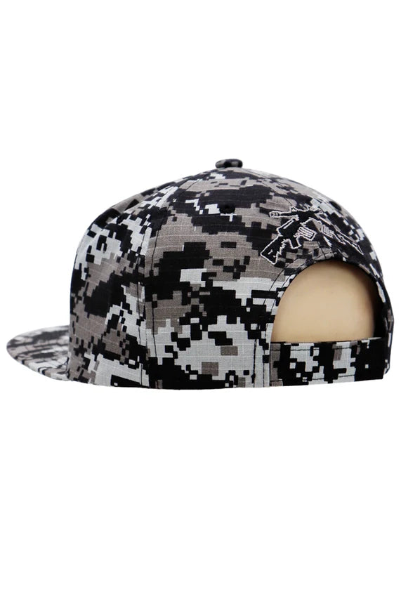 Crossed Rifle USA Flag Flat Brim Cap – Digital Camo Five Panel