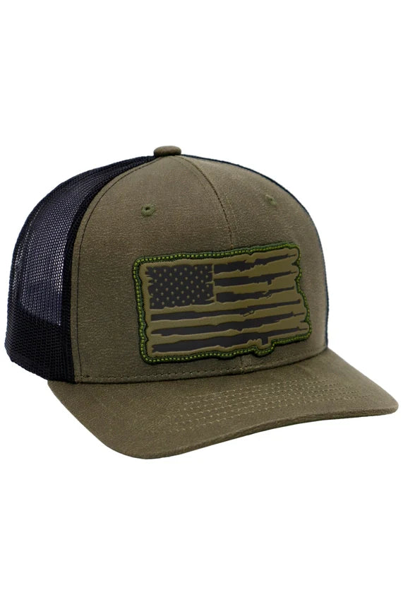 Rifle stripe American flag faux leather trucker hat with mesh back and snapback closure