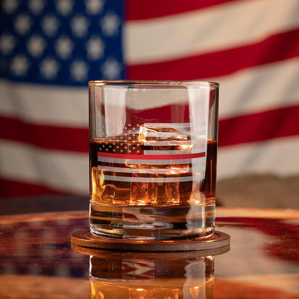 Thin Red Line Firefighter American Flag Whiskey Glass – 10 oz – Made in USA