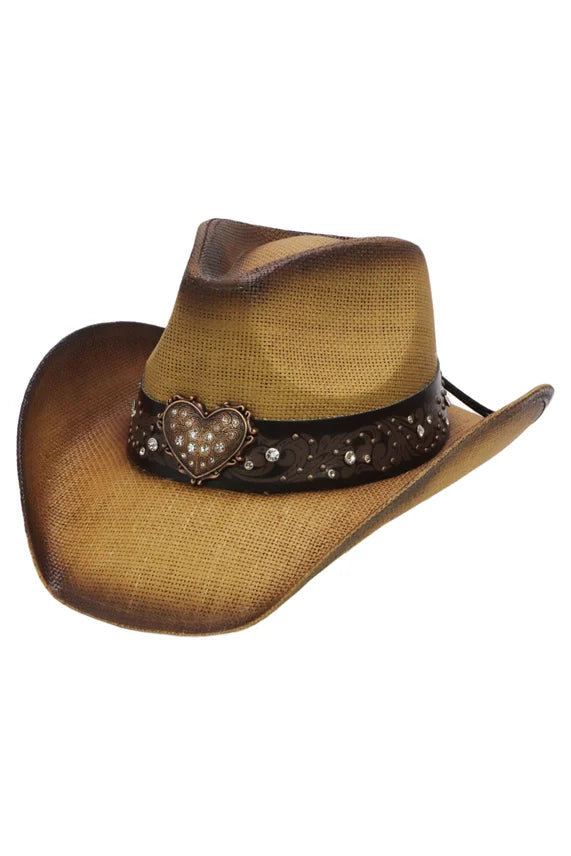 Heart Bling Ombre Straw Cowboy Hat – Rhinestone Belt Trim