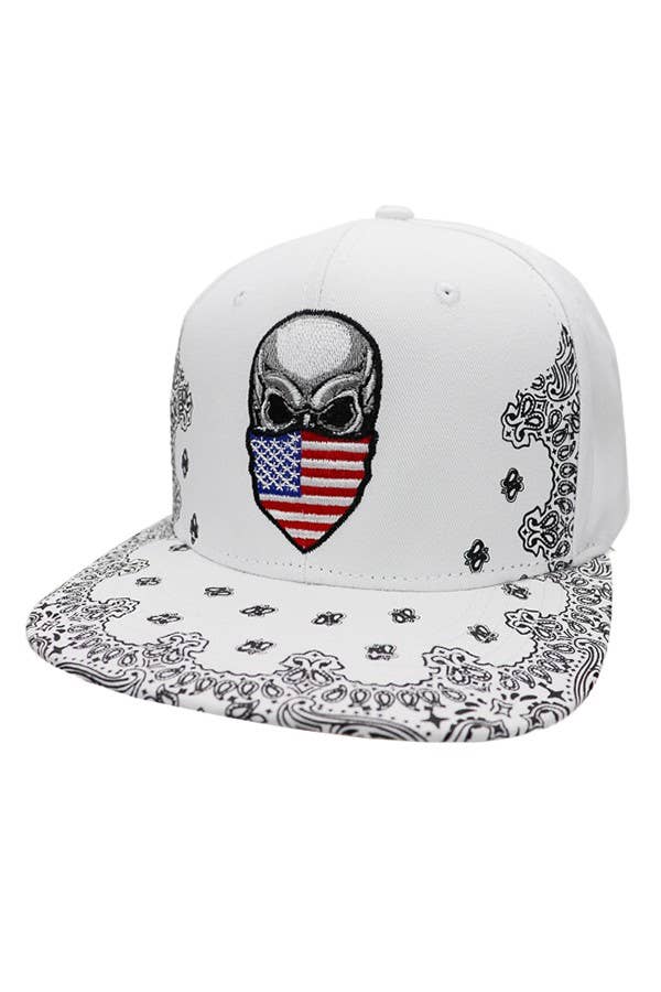 American flag skull embroidered snapback cap with paisley visor