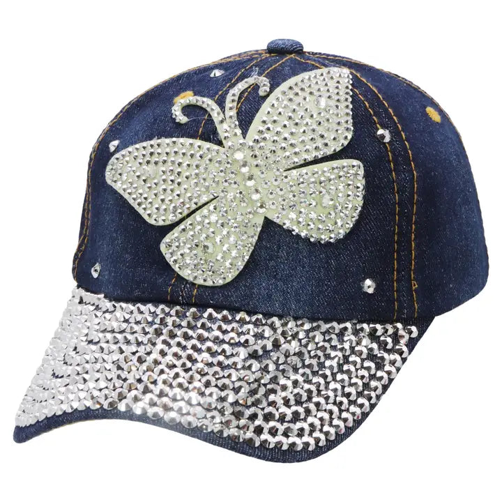 Butterfly Rhinestone Baseball Cap – Dark Denim Blue