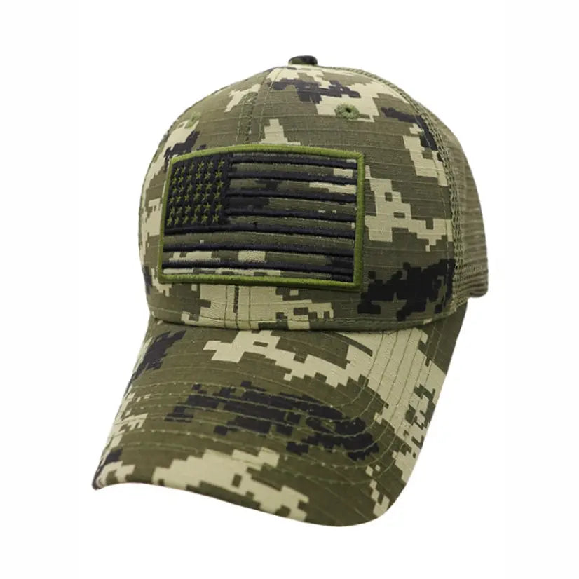 Digital camo ripstop mesh trucker hat with embroidered American flag