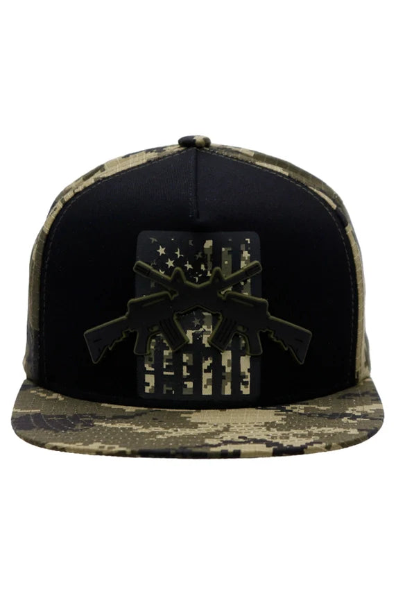 Crossed Rifle USA Flag Flat Brim Cap – Digital Camo Five Panel