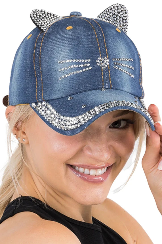 Kitty Cat Rhinestone Denim Baseball Cap – Ear & Whisker Design