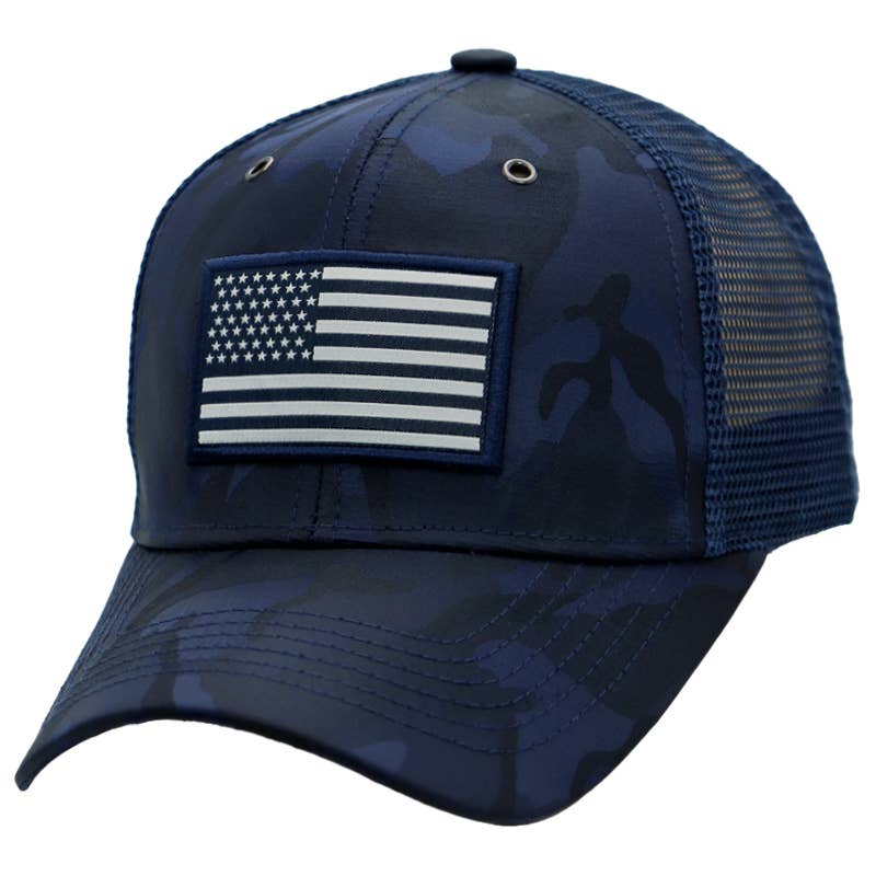 Monochrome American Flag Patch Camouflage Snapback Trucker Hat – Breathable Mesh, Polyester, Multiple Camo Colors Navy Camo