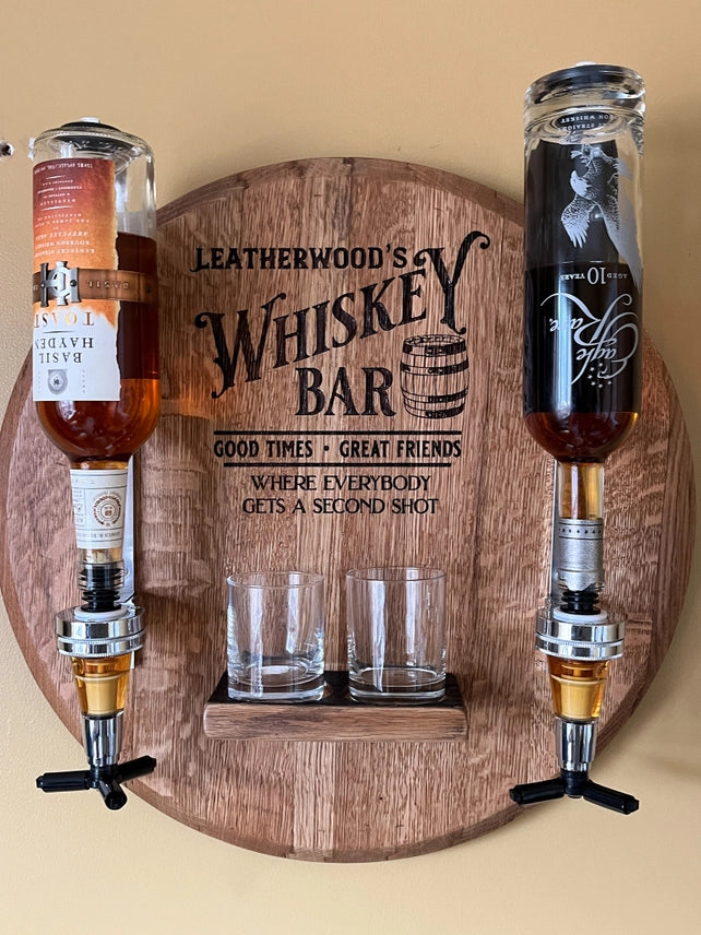 Personalized Bourbon Barrel Lid Liquor Dispenser | Custom Man Cave Bar Decor | Made in USA
