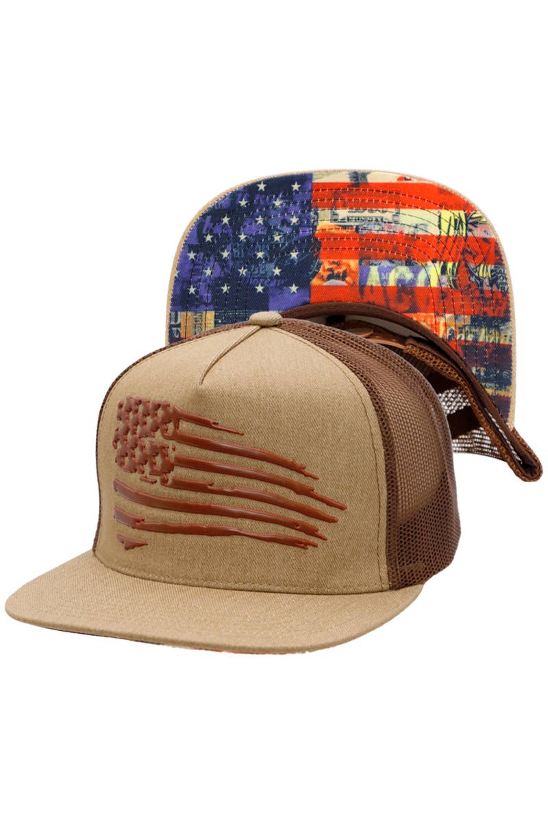 Distressed American flag flat bill trucker hat with mesh back and snapback closure