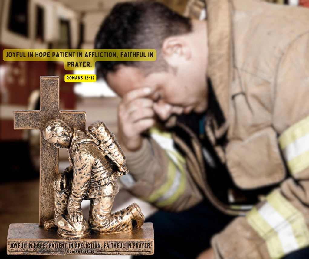 Kneeling Firefighter Cross Prayer Figurine – Bronze-Look Fire Service Faith Decor