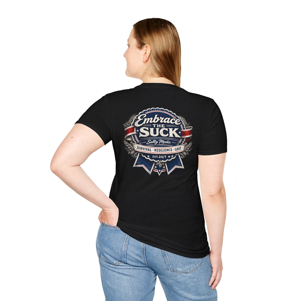 Embrace The Suck vintage badge shirt for first responders with distressed morale patch style graphic