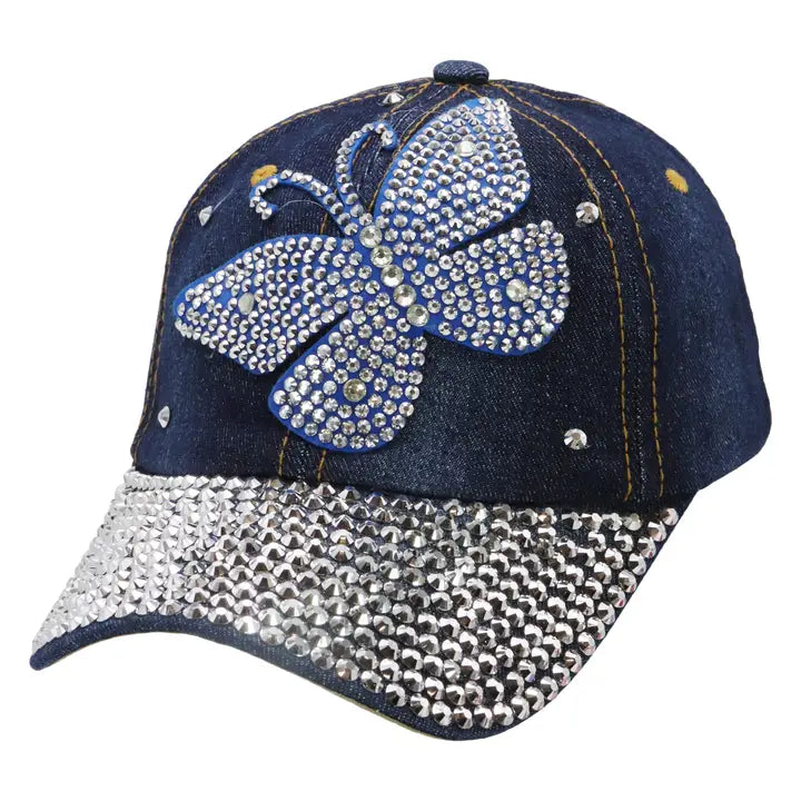 Butterfly Rhinestone Baseball Cap – Dark Denim Blue