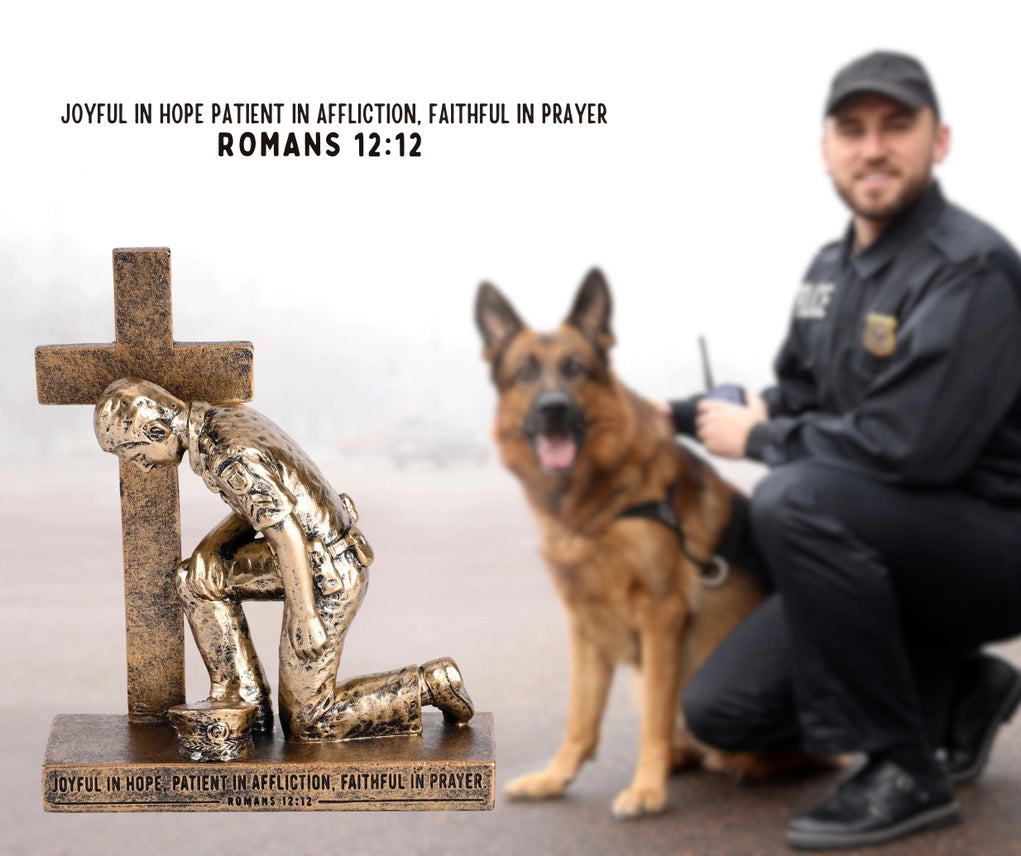 Kneeling Police Officer Cross Prayer Figurine – Bronze-Look Law Enforcement Faith Decor