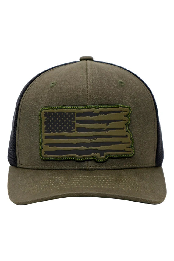 Rifle Stripe American Flag Faux Leather Trucker Hat – Snapback