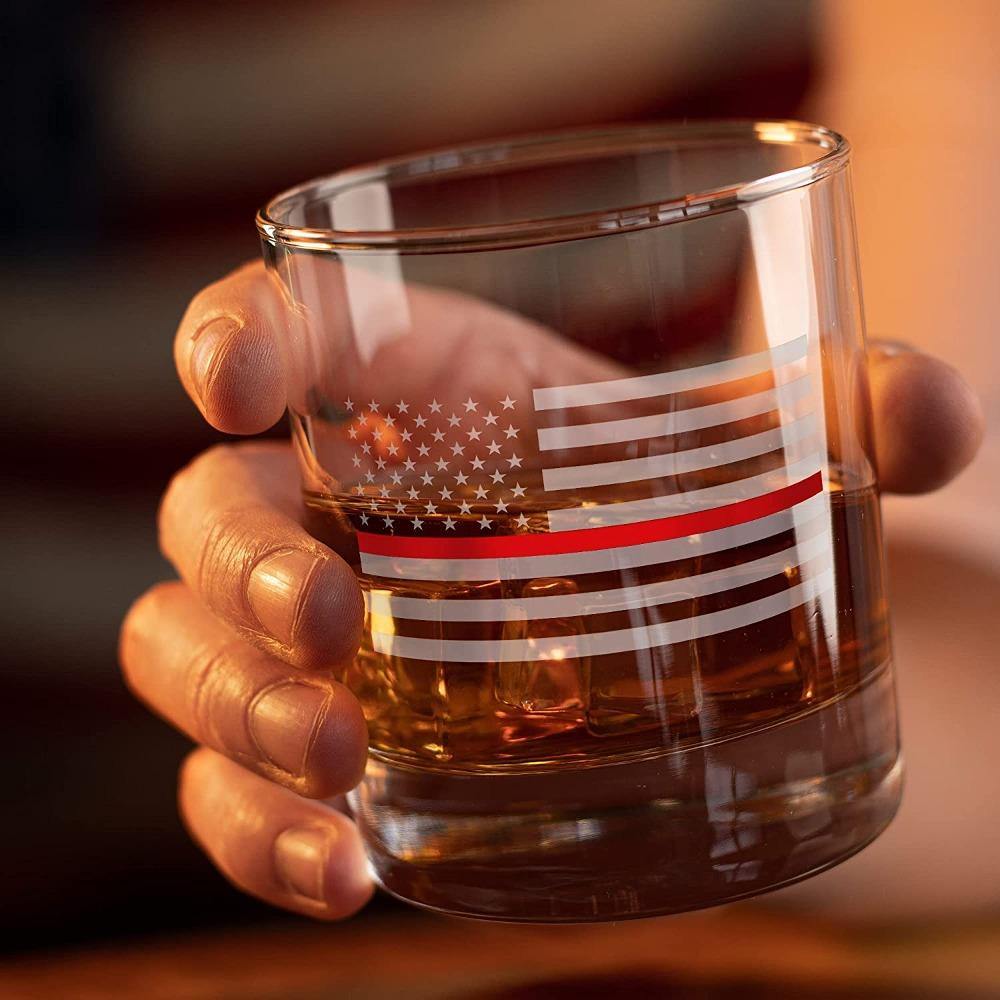 Thin Red Line Firefighter American Flag Whiskey Glass – 10 oz – Made in USA