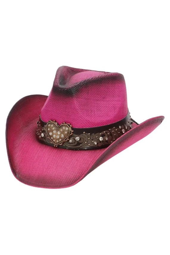 Heart Bling Ombre Straw Cowboy Hat – Rhinestone Belt Trim