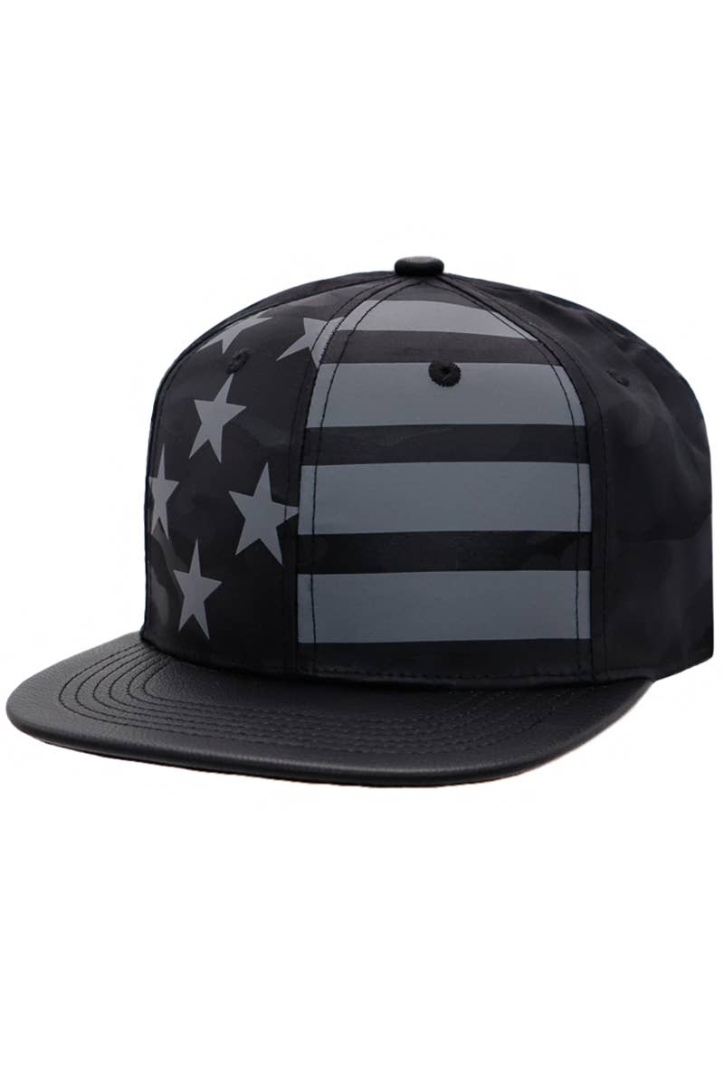 American flag camo flat brim snapback hat with PU leather bill