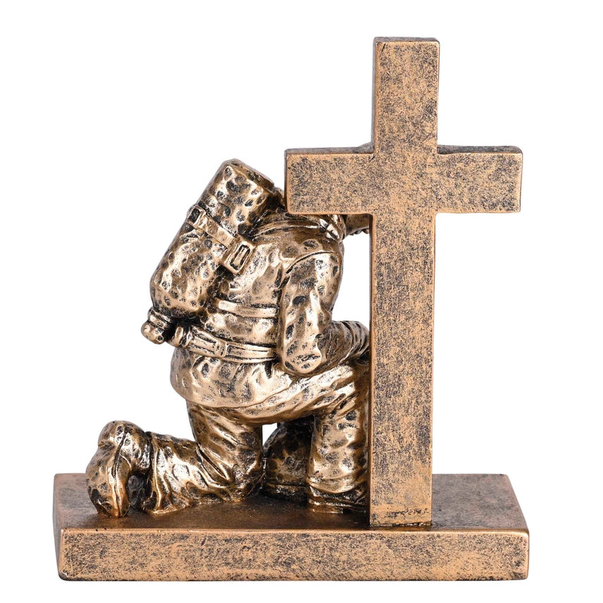 Kneeling Firefighter Cross Prayer Figurine – Bronze-Look Fire Service Faith Decor