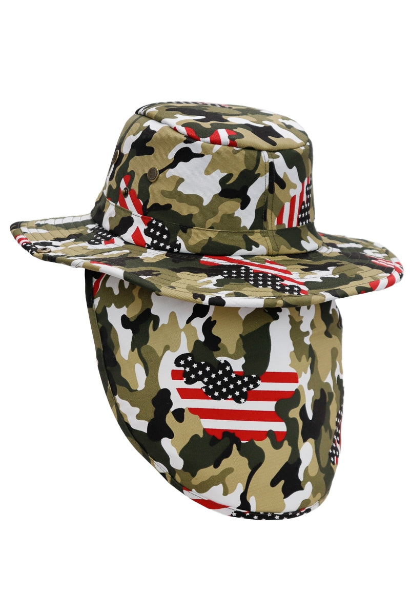 American Flag Green Camo Print Fisherman Boonie Bucket Hat with Neck Cover – Wide Brim, Adjustable Chin Strings, & Neck Guard