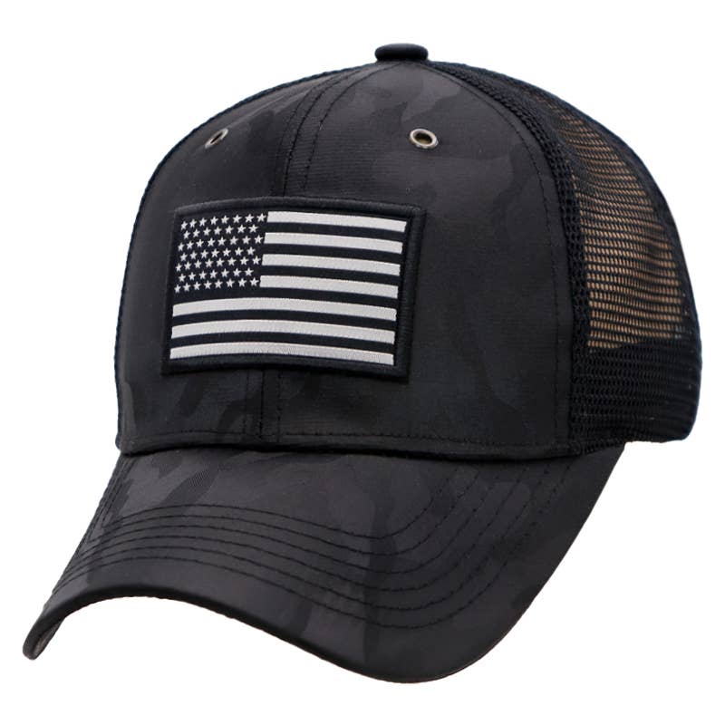 Monochrome American Flag Patch Camouflage Snapback Trucker Hat – Breathable Mesh, Polyester, Multiple Camo Colors Black Camo