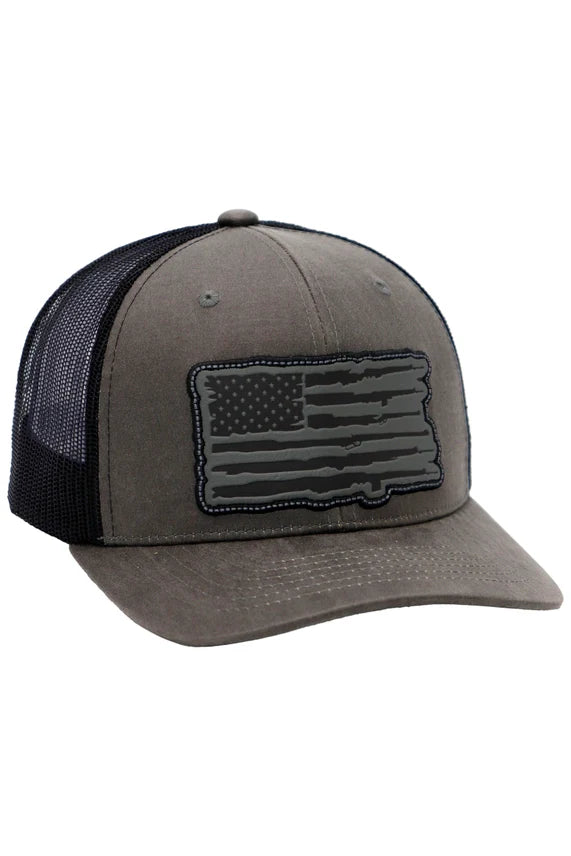 Rifle Stripe American Flag Faux Leather Trucker Hat – Snapback