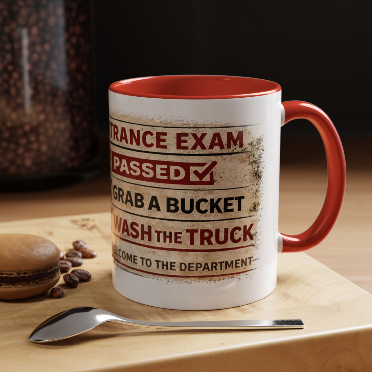 Firefighter Coffee Mug – Funny Fire Department Gift | “Entrance Exam: Passed, Grab a Bucket, Wash the Truck”
