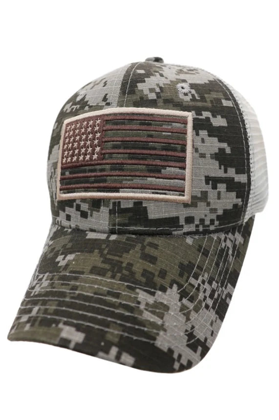Digital Camo Ripstop Trucker Hat – Mesh Back American Flag