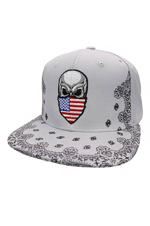 American Flag Skull Snapback Cap – Embroidered Flat Brim