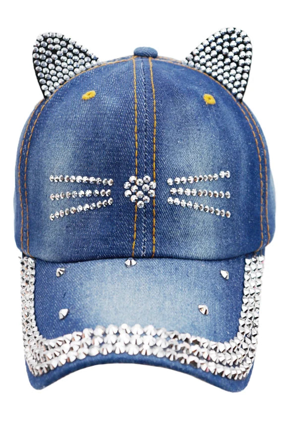 Kitty Cat Rhinestone Denim Baseball Cap – Ear & Whisker Design