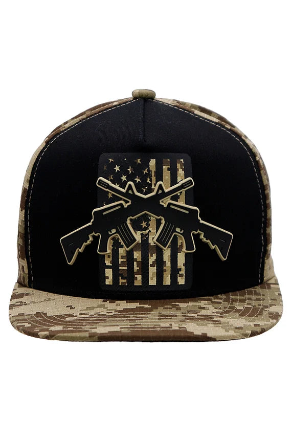 Crossed Rifle USA Flag Flat Brim Cap – Digital Camo Five Panel