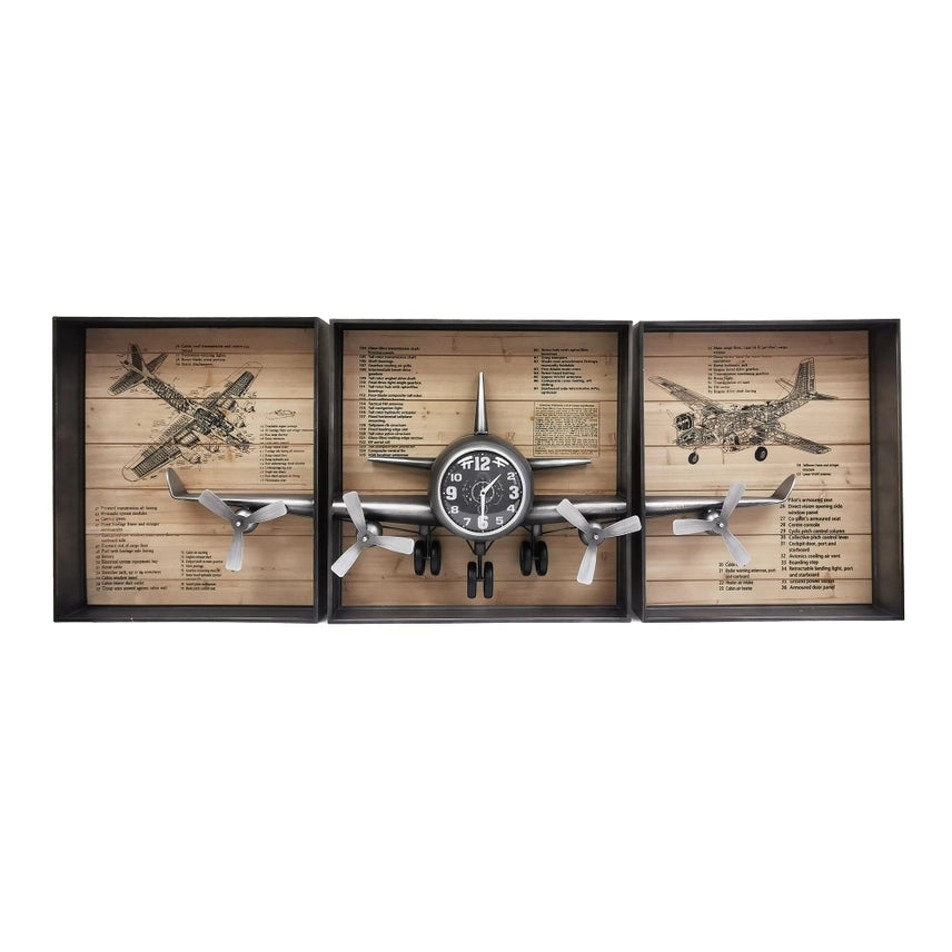 Metallic Vintage Airplane Wall Art with Clock – 3-Piece Aviation Wall Decor Set
