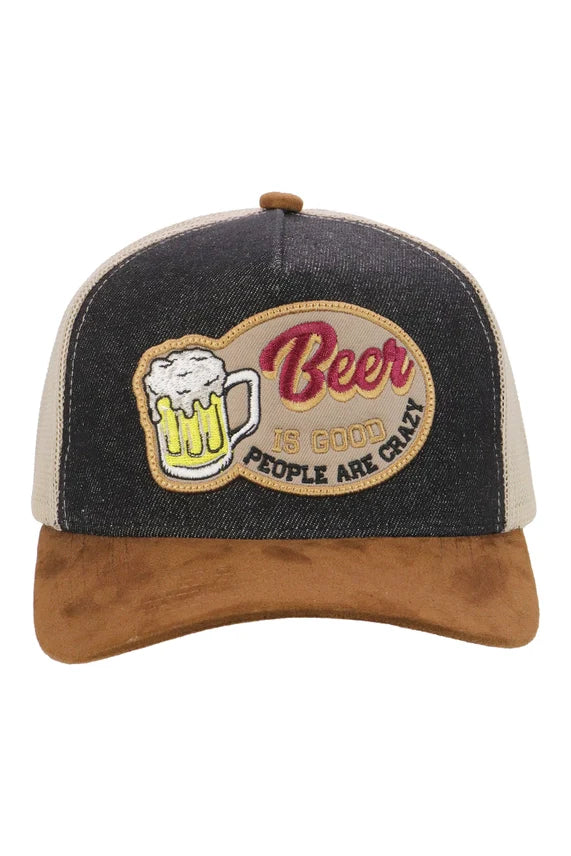 Beer Is Good five-panel trucker hat with embroidered patch and mesh back
