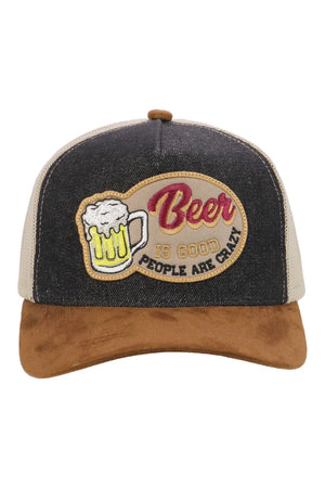 Beer Is Good five-panel trucker hat with embroidered patch and mesh back