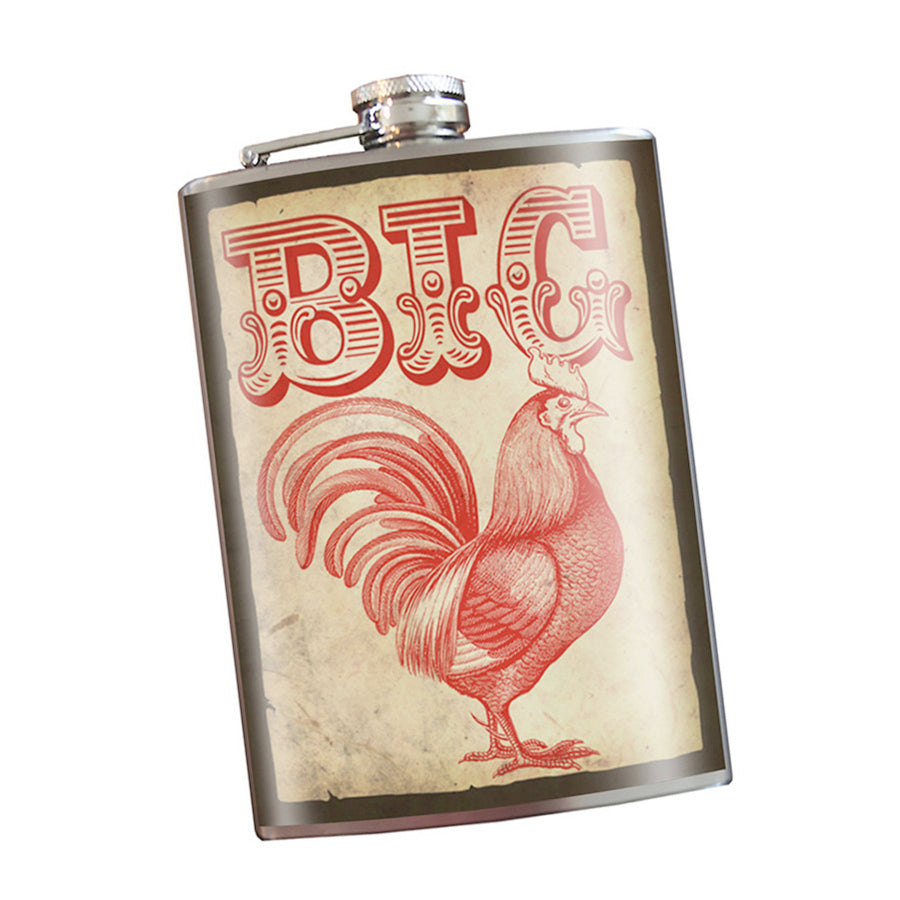 Big Cock stainless steel hip flask with vintage rooster illustration, 8 oz capacity