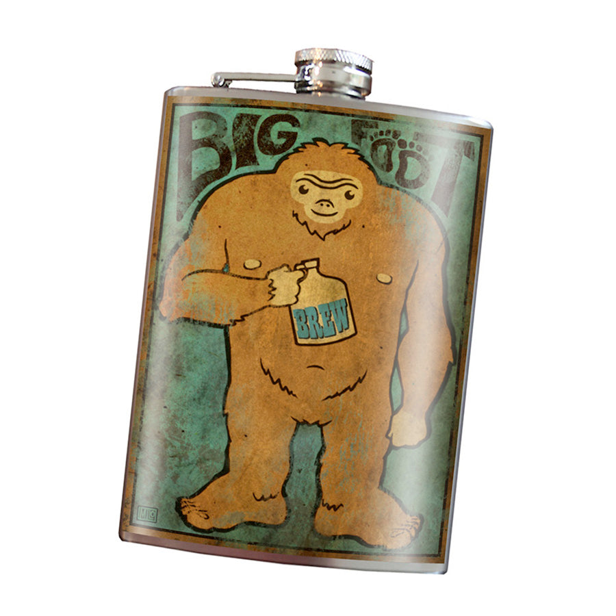 Bigfoot stainless steel hip flask with funny cryptid design holding a brew, 8 oz capacity