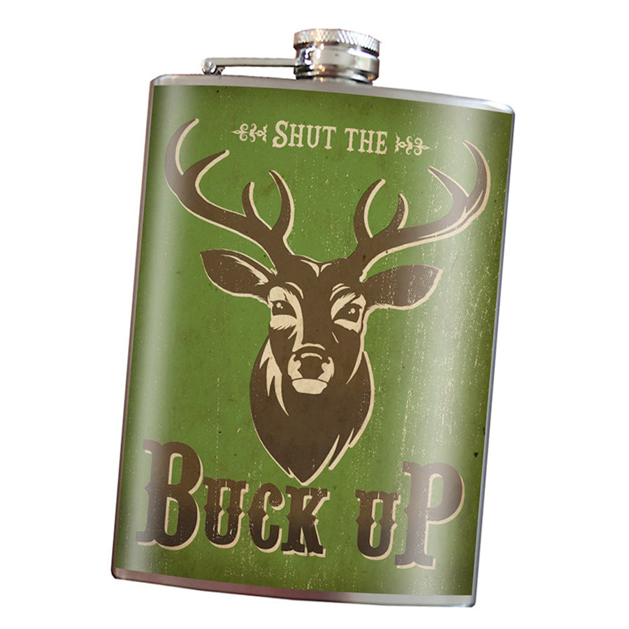 Shut the Buck Up funny stainless steel hip flask with deer hunting wordplay design, 8 oz capacity
