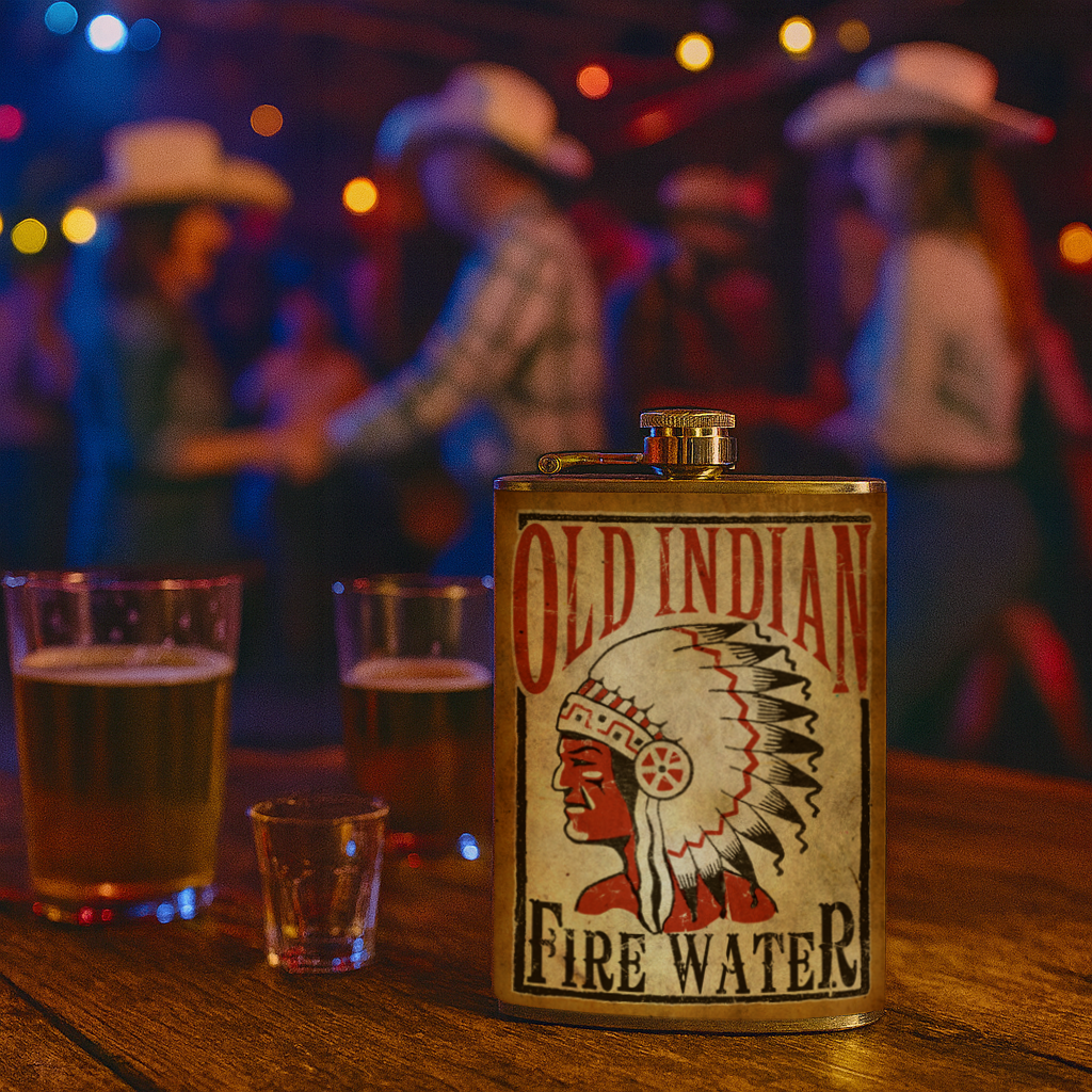 Old Indian Fire Water Stainless Steel Hip Flask – 8 oz Vintage Whiskey Flask