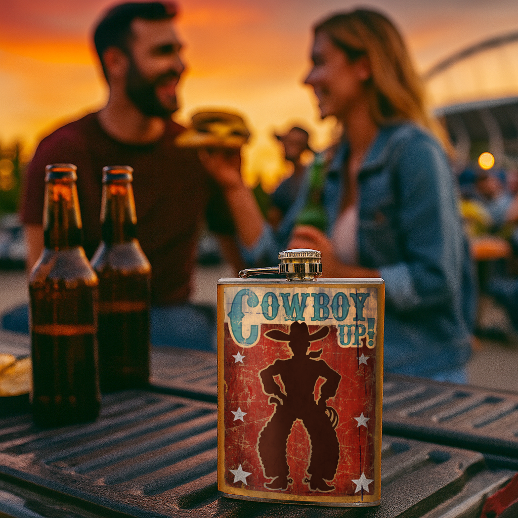 Cowboy Up Stainless Steel Hip Flask – 8 oz Western Style Gift Flask