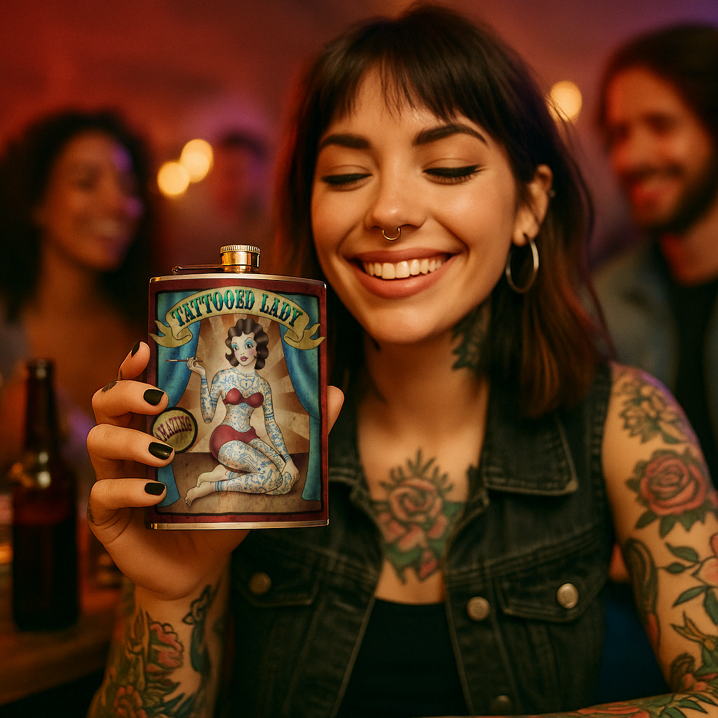 Tattooed Lady Stainless Steel Hip Flask – 8 oz Vintage Sideshow Gift Flask