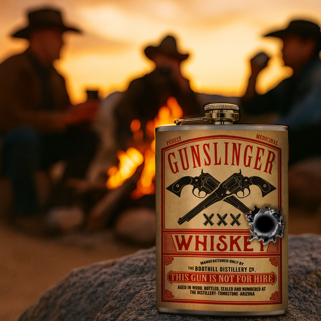 Gunslinger Stainless Steel Hip Flask – 8 oz Western Outlaw Gift Flask