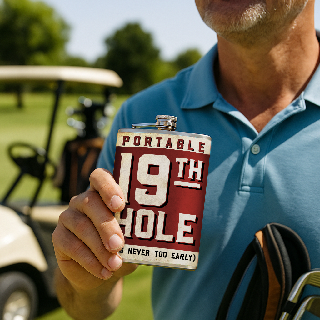 Portable 19th Hole Stainless Steel Hip Flask – 8 oz Golf Gift Flask