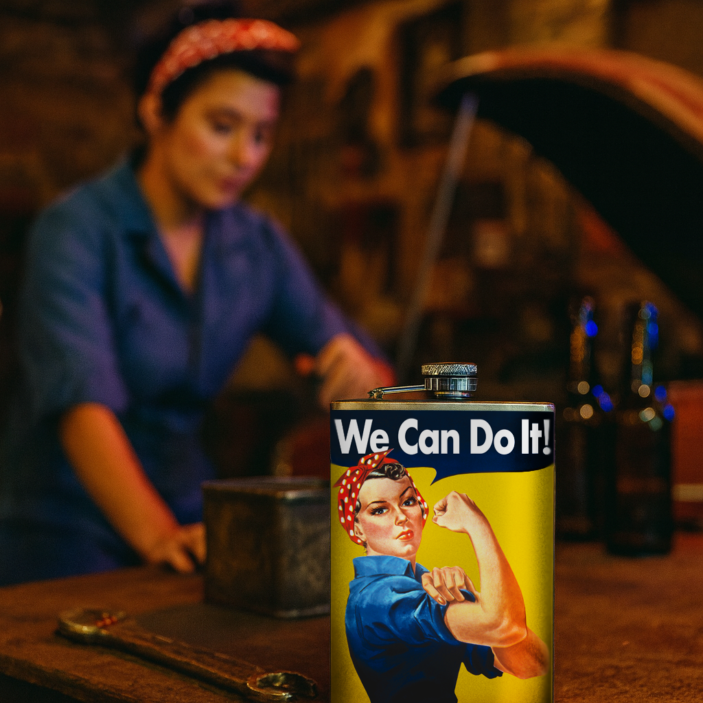 We Can Do It! Stainless Steel Hip Flask – 8 oz Vintage Empowerment Gift Flask