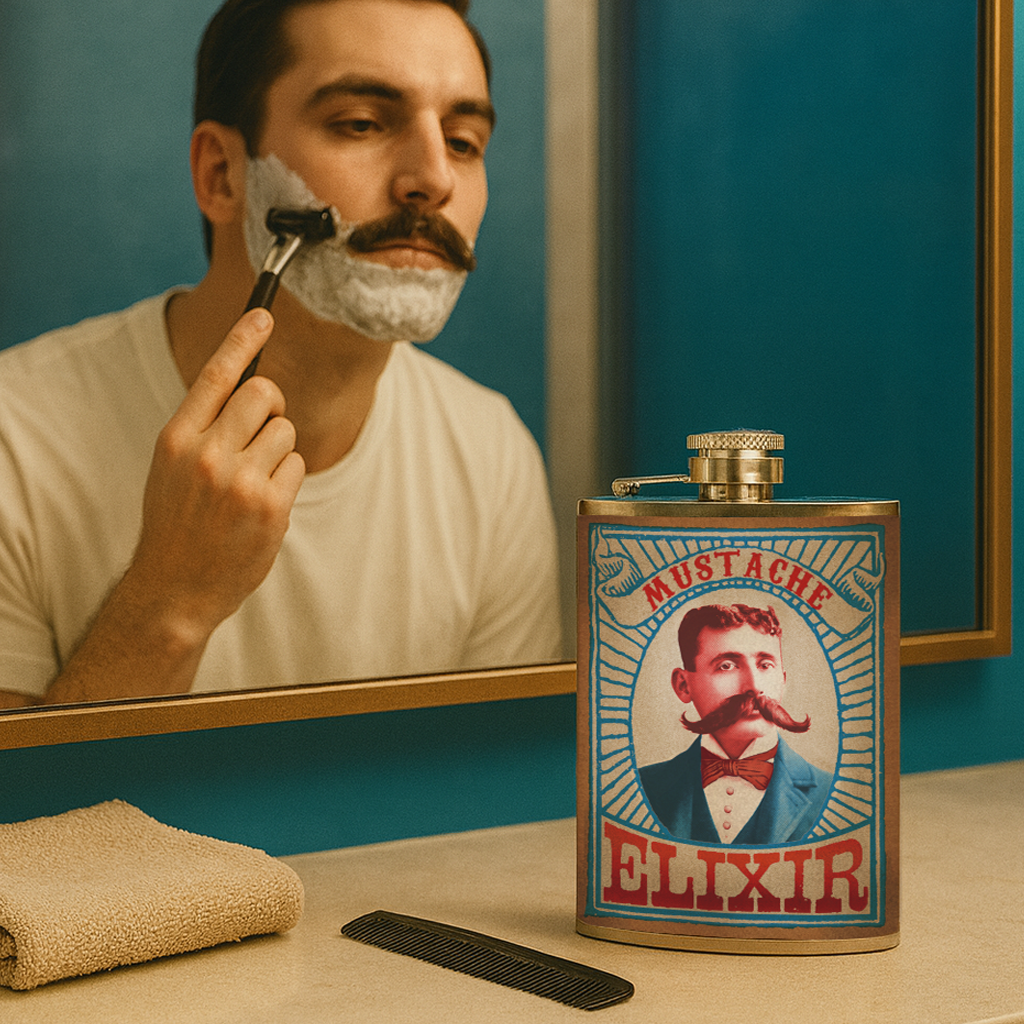 Mustache Elixir Stainless Steel Hip Flask – 8 oz Vintage Gentleman Gift Flask